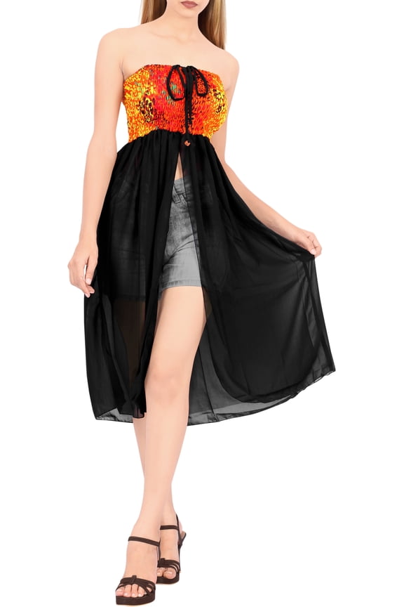 Women's Boho Beach Halter Smocked Mini Swing Dress Tube Top Strapless Dresses for Women One Size Deep Carrot, Slit Plain