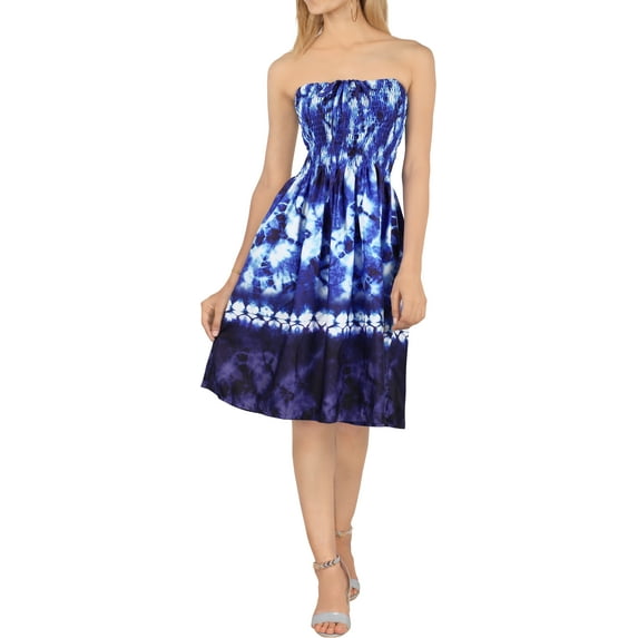 HAPPY BAY Women's Boho Beach Smocked Mini Swing Dress Tube Top Strapless Dresses for Women One Size Cobalt, Tie Dye