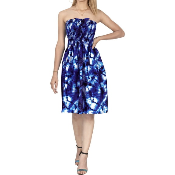 HAPPY BAY Women's Boho Beach Smocked Mini Swing Dress Tube Top Strapless Dresses for Women One Size Navy, Tie Dye