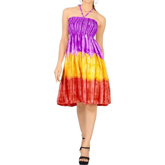 HAPPY BAY Women's Boho Beach Smocked Mini Swing Dress Tube Top Strapless Dresses for Women One Size Purple, Tie Dye