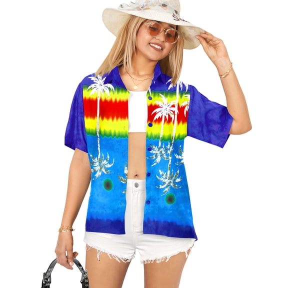 HAPPY BAY Women's Button Down Blouses Casual Beach Party Short Sleeve Vacation Blouse Shirt Summer Button up Dress Hawaiian Shirts Blouses for Women L Upside Down Palm, Royal Blue