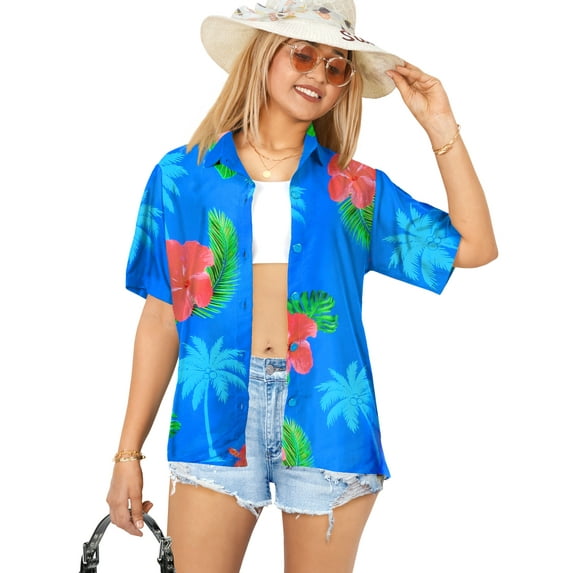 HAPPY BAY Women's Button Down Blouses Casual Summer Beach Party Blouse Shirt Floral Colourful Blouses Short Sleeve Vacation Hawaiian Dresses for Women XXL Palm Hibiscus, Blue