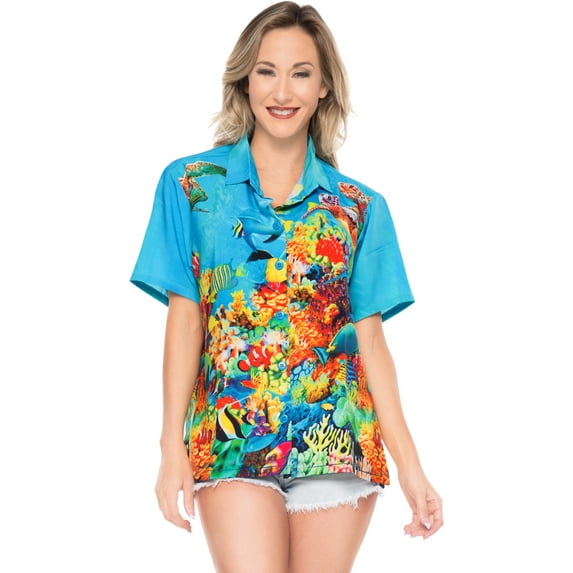 HAPPY BAY Women's Button Down Blouses Casual Summer Beach Party Blouse Shirt Hawaii Short Sleeve Tropical Vacation Button up Hawaiian Shirts for Women S Undersea, Blue