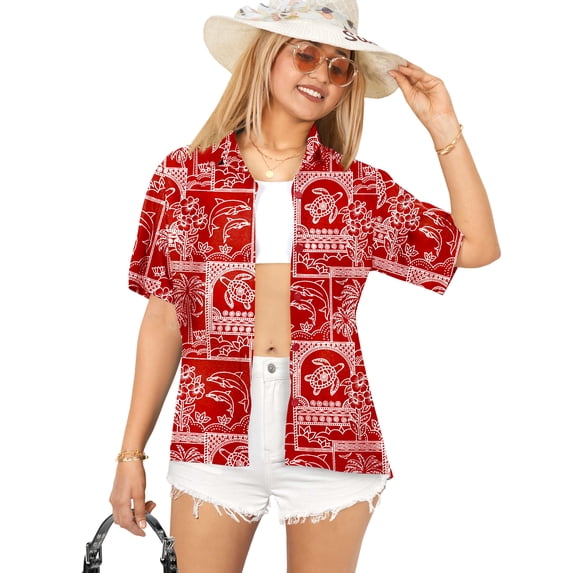 HAPPY BAY Women's Button Down Blouses Casual Summer Beach Party Blouse Shirt Hawaii Short Sleeve Vacation Hawaiian Shirts for Women XXL Marine Theme, Red
