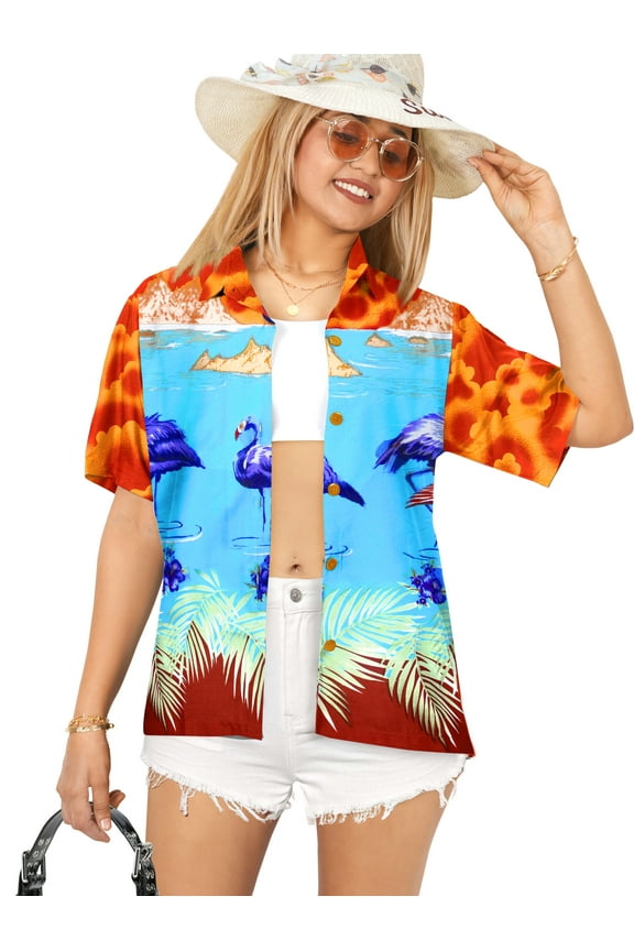 Women's Button Down Blouses Casual Summer Beach Party Blouse Shirt Tropical Blouses Short Sleeve Shirts Hawaiian Dresses for Women S plus-size Blue Flamingo, Orange