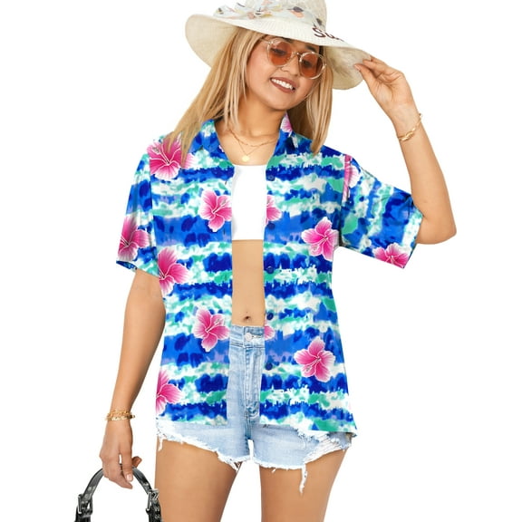 HAPPY BAY Women's Button Down Blouses Casual Summer Beach Party Blouse Shirt Tropical Blouses Short Sleeve Vacation Hawaiian Dresses for Women M Hibiscus Floral, Blue