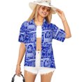 thumbnail image 1 of HAPPY BAY Women's Button Down Blouses Casual Summer Beach Party Blouse Shirt V Neck Short Sleeve Tropical Vacation Button up Hawaiian Shirts for Women L Marine Theme, Blue, 1 of 6
