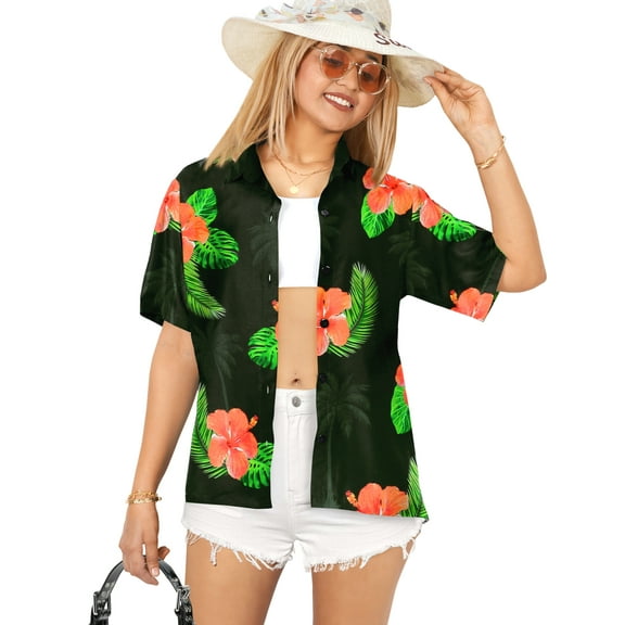 HAPPY BAY Women's Button Down Blouses Casual Summer Beach Party Blouse Shirt V Neck Short Sleeve Vacation Button up Dress Tee Hawaiian Shirts for Women M Shoe Floral, Black