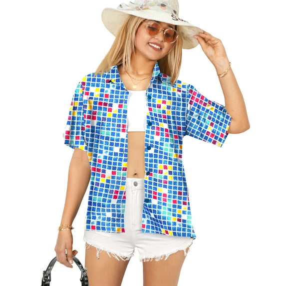 HAPPY BAY Women's Button Down Blouses Casual Summer Beach Party Blouses Shirt Collared Blouse Short Sleeve Tropical Vacation Button up Tee Hawaiian Shirts for Women XL Checks, Blue