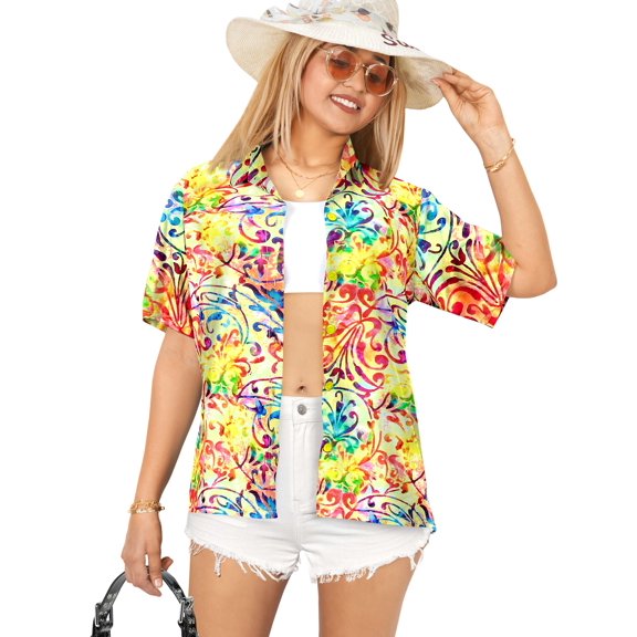 HAPPY BAY Women's Button Down Blouses Casual Summer Beach Party Blouses Shirt Collared Blouse Short Sleeve Vacation Tee Hawaiian Shirts Tops for Women XL Pure Scrolls, Multicoloured