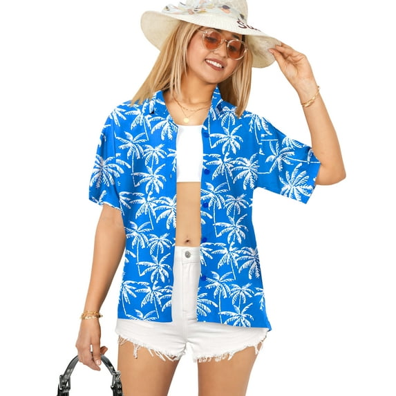 HAPPY BAY Women's Button Down Blouses Casual Summer Beach Party Blouses Shirt Hawaiian T-Shirt Blouse Short Sleeve Vacation Dress Tee Shirts Tops for Women L Allover Palm, Blue