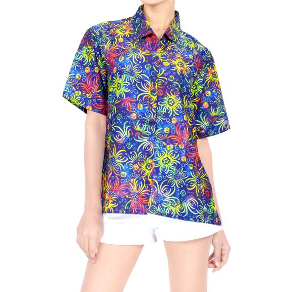 HAPPY BAY Women's Button Down Blouses Casual Summer Beach Party Blouses Shirt V Neck Blouse Short Sleeve Button up Dress Hawaiian Shirts for Women S Night Tendrils, Multicoloured