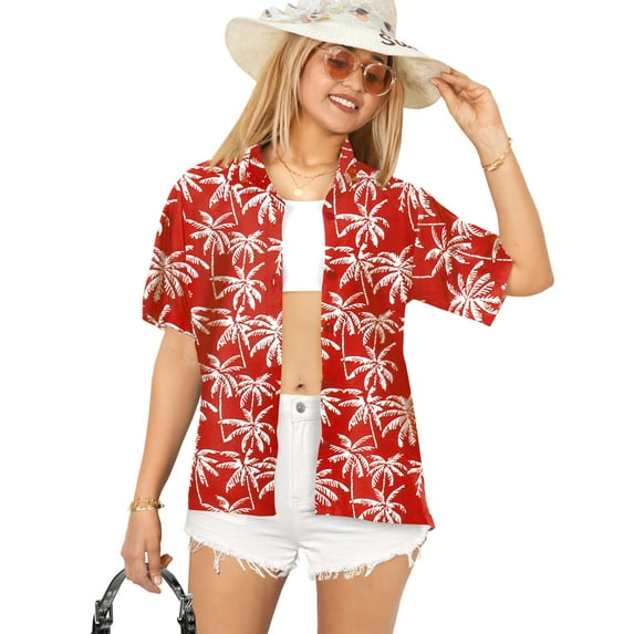 HAPPY BAY Women's Button Down Blouses Casual Summer Beach Party Blouses Shirt V Neck Blouse Short Sleeve Button up Dress Tee Hawaiian Shirts for Women XXL Allover Palm, Red
