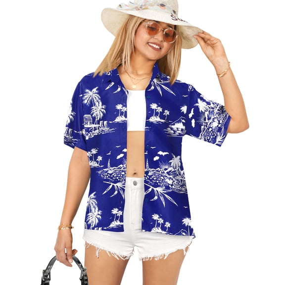 HAPPY BAY Women's Button Down Blouses Casual Summer Beach Party Blouses Shirt V Neck Blouse Short Sleeve Vacation Button up Dress Hawaiian Shirts for Women M Holiday Island, Blue