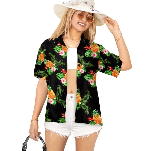 HAPPY BAY Women's Button Down Blouses Casual Summer Beach Party Shirt Floral Blouse Short Sleeve Vacation Dress Tee Button up Hawaiian Shirts for Women XXL Pineapple, Black