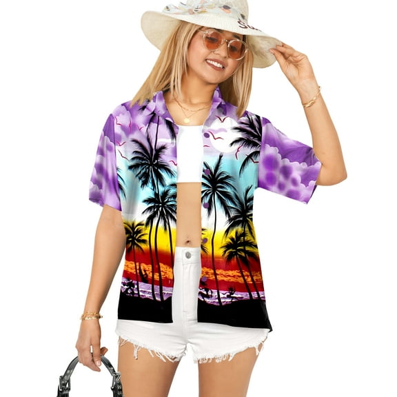 HAPPY BAY Women's Button Down Blouses Casual Tops Summer Beach Party Short Sleeve Blouse Shirt Dressy Blouses Button up Hawaiian T Shirts for Women S Palm Tree View, Autumn Purple