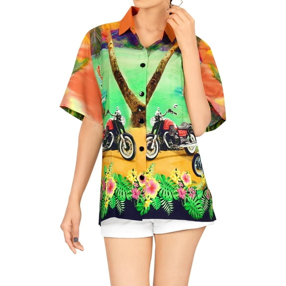 HAPPY BAY Women's Button Down Blouses Floral Summer Beach Party Blouse Shirt Collared Button up Short Sleeve Vacation Hawaiian Shirts for Women L Motorcycle Bike, Orange
