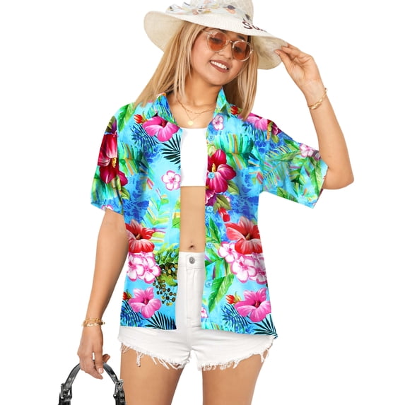 HAPPY BAY Women's Button Down Blouses Floral Summer Beach Party Shirt Blouse Short Sleeve Vacation Casual Button up Dress Tee Hawaiian Shirts for Women L Flower Leafs, Blue