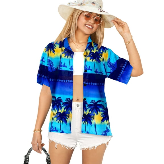 HAPPY BAY Women's Button Down Blouses Funky Vacation Button up Casual Summer Holiday Beach Party Blouse Hawaiian Tops Short Sleeve Tropical Shirts for Women L Palm Tree, Navy Blue