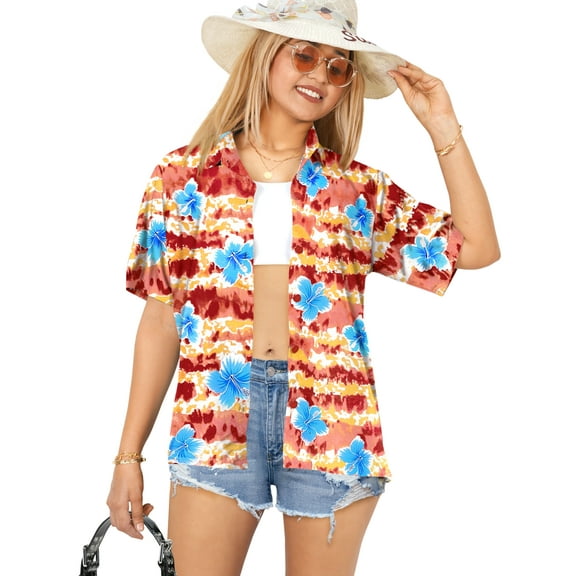 HAPPY BAY Women's Button Down Blouses Summer Beach Party Blouse Shirt Short Sleeve Tropical Vacation Dress Hawaiian Shirts Tank Top for Women S Hibiscus Floral, Red