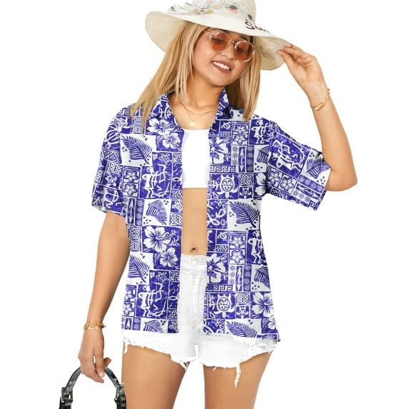 HAPPY BAY Women's Button Down Blouses Summer Beach Party Blouse Shirt T-Shirt Blouses Button up Short Sleeve Vacation Dress Tee Shirts Hawaiian for Women S Tropical, Blue