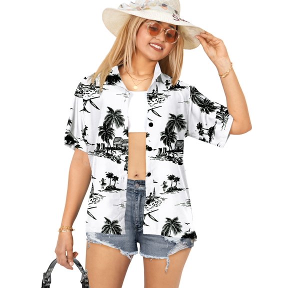 HAPPY BAY Women's Button Down Blouses Summer Beach Party Short Sleeve Blouse Shirt Holiday Tops Blouses Casual Button up Hawaiian Shirts for Women S Palm Tree Island, White