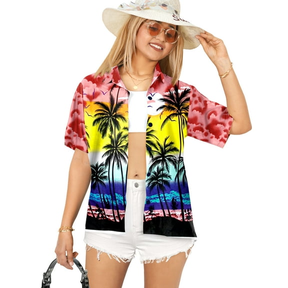 HAPPY BAY Women's Button Down Blouses Summer Beach Party Short Sleeve Vacation Blouse Shirt Hawaiian T-Shirt Blouses Dress Tee Shirts Tops for Women S Palm Tree View, Red