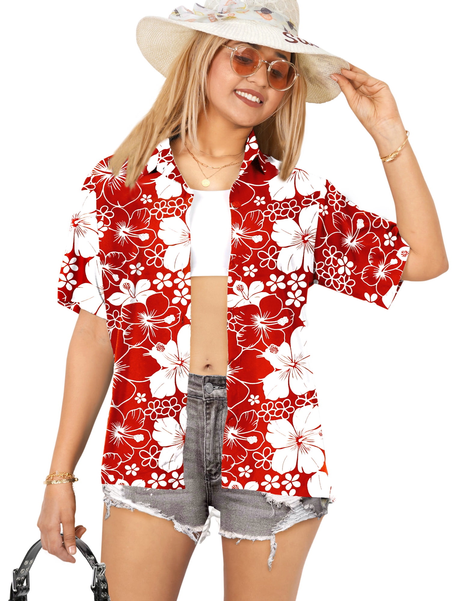 HAPPY BAY Women's Button Down Blouses Summer Beach Vacation Party Tops Camp Short Sleeve Blouse Hawaiian Shirts for Women Relaxed Fit Dressy XXL Poppy, All Hibiscus