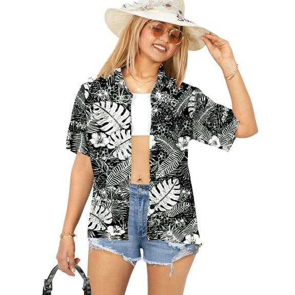 HAPPY BAY Women's Button Down Casual Summer Beach Party Blouse Shirt Hawaiian TShirts Short Sleeve Tropical Vacation Dress Shirts Blouses for Women M Floral, Black