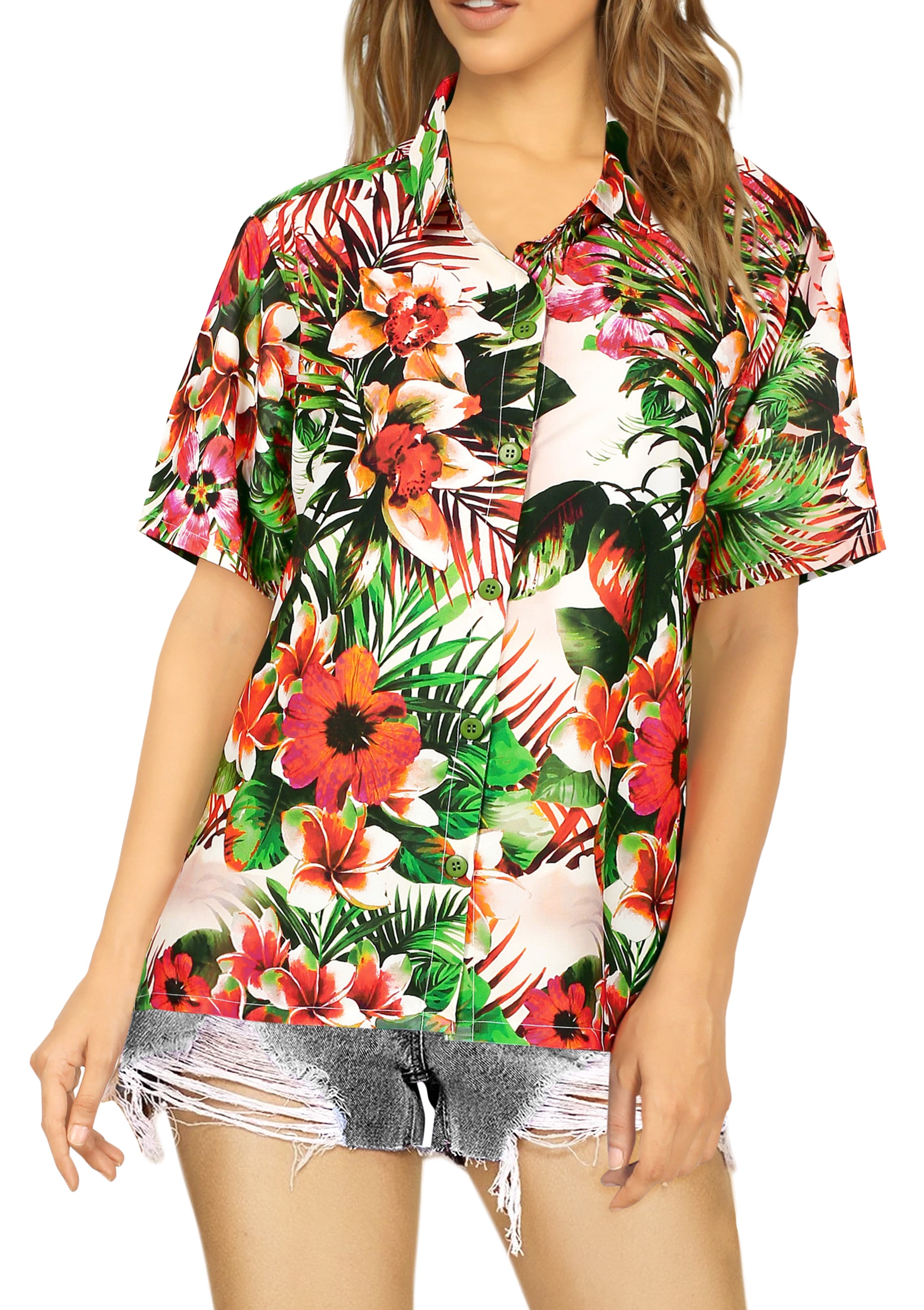 HAPPY BAY Women s Button Down Blouses Casual Summer Beach Party Blouse Shirt Short Sleeve Vacation Button up Dress Hawaiian Shirts for Women S Tropical Floral Autumn Beige Walmart