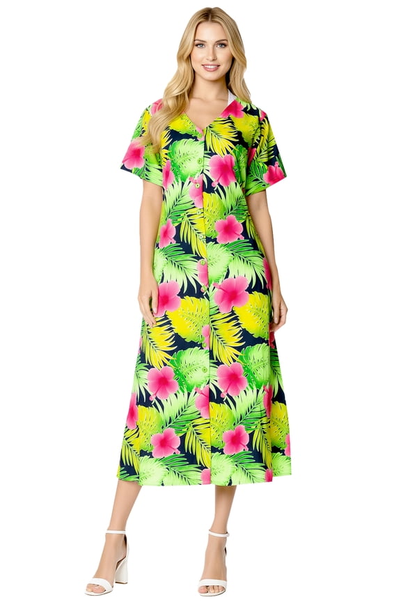 Women's Button Up Beach Cover ups Night T Shirt L-XL Blush, Floral Hibiscus