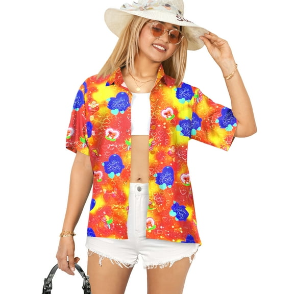 HAPPY BAY Women's Casual Beach Blouse Shirt Luau Party Blouses Short Sleeve Button up Dress Tops Tee Shirts Summer Hawaiian T Shirt for Women M Valentine Hearts, Orange