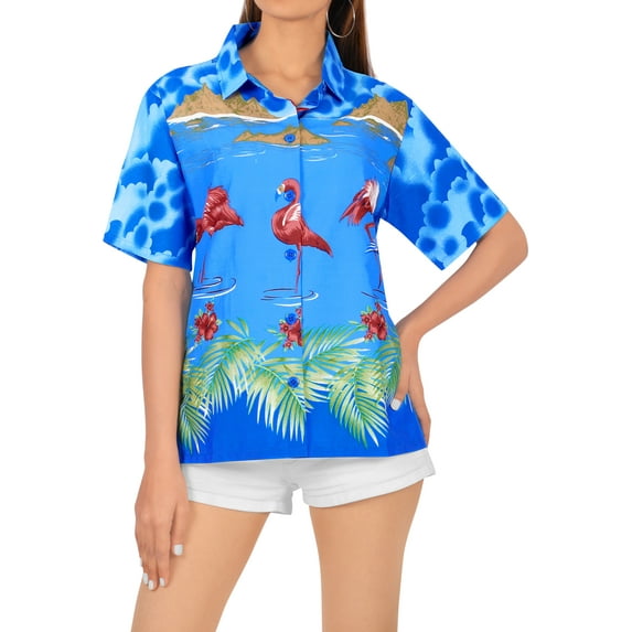 HAPPY BAY Women's Casual Beach Blouse Shirt TShirts Button Down Short Sleeve Dress Tops Tee Shirts Hawaiian Blouses for Women XL plus-size Blue Flamingo, Pink