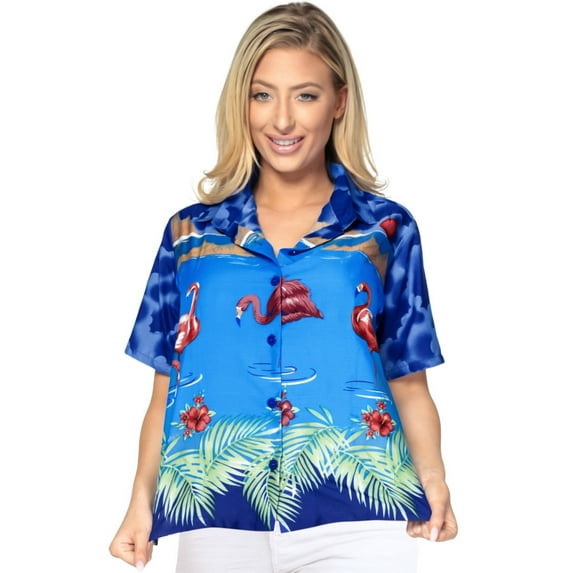 HAPPY BAY Women's Casual Beach Blouse Shirt TShirts Button Up Short Sleeve Dress Tops Tee Shirts Hawaiian Blouses for Women XXL Blue Flamingo, Blue