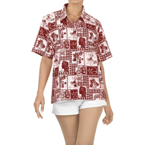 HAPPY BAY Women's Casual Beach Blouses Shirt Collared Blouse Short Sleeve Button Down Dress Tee Shirts Hawaiian Tops for Women S Hula Aloha, Red