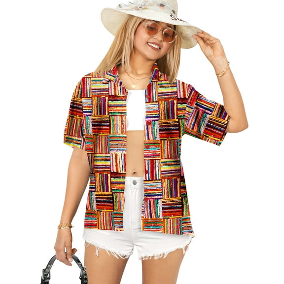 HAPPY BAY Women's Casual Beach Blouses Shirt Collared Blouse Short Sleeve Button Up Dress Tee Shirts Hawaiian Tops for Women S Checkered, Multi