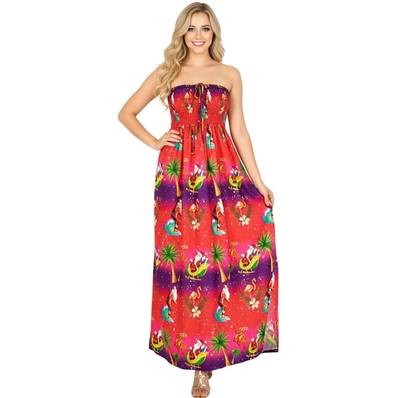 HAPPY BAY Women's Casual Beach Christmas Tree A line Slit Maxi Dresses Tube Top Evening Long Strapless Santa Dress for Women L-XL Pink, Christmas