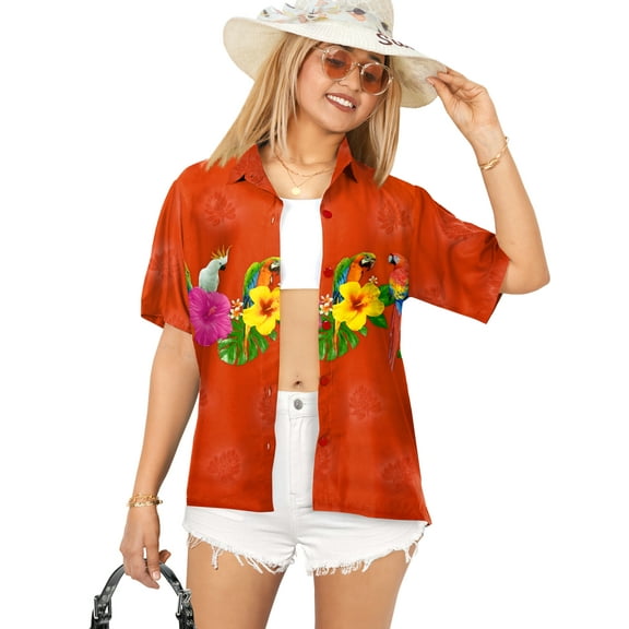 HAPPY BAY Women's Casual Beach Hawaiian Blouse Shirt Hawaii Blouses Short Sleeve Dress Tops Tee Button Down Shirts for Women L Tropical, Red