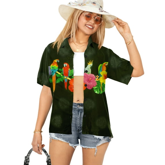 HAPPY BAY Women's Casual Beach Hawaiian Blouse Shirt Hawaii Blouses Short Sleeve Dress Tops Tee Button Down Shirts for Women S Leaves, Black