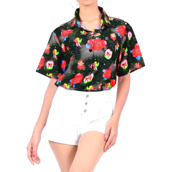 HAPPY BAY Women's Casual Beach Hawaiian Blouses Shirt Hawaii Blouse Short Sleeve Dress Tops Tee Button Down Shirts for Women M Valentine Hearts, Black