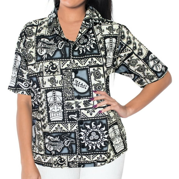 HAPPY BAY Women's Casual Beach Hawaiian Short Sleeve Blouse Shirt Floral Blouses Dress Tops Tee Button Up Shirts for Women L Basket Weave, Black