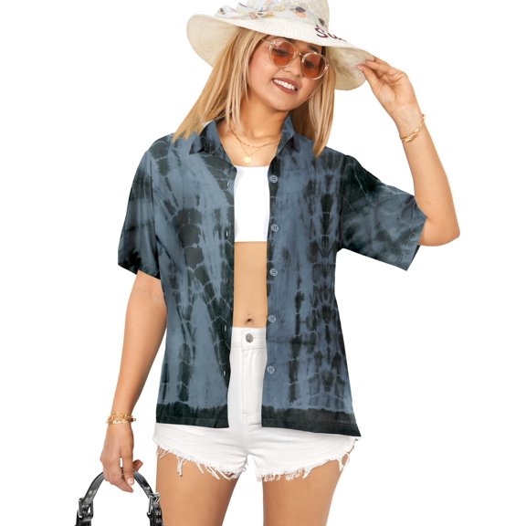 HAPPY BAY Women's Casual Beach Short Sleeve Blouse Shirt Open Front Blouses Button Down Dress Tops Tee Shirts Hawaiian Dresses for Women M Faded Tie Dye, Grey