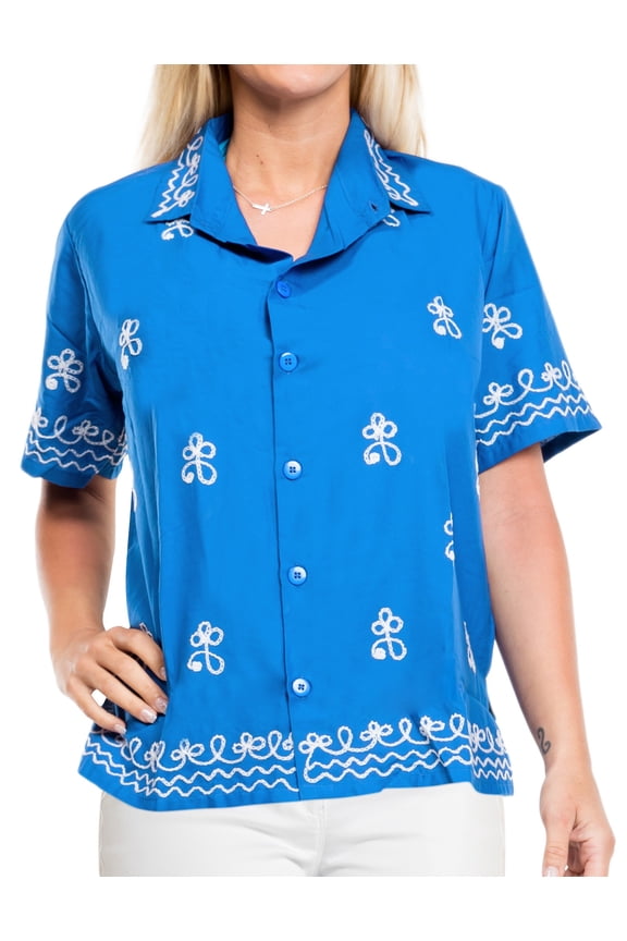 Women's Casual Blouse Shirt Solid Blouses Button Down Short Sleeve Dress Tee Shirts Hawaiian Tops for Women S plus-size Sky, Floral