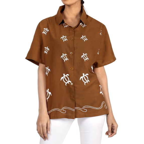 HAPPY BAY Women's Casual Blouse Shirt Solid Blouses Button Up Short Sleeve Dress Tops Tee Shirts Hawaiian Dresses for Women S Coffee_AD592