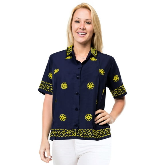 HAPPY BAY Women's Casual Blouse Shirt Solid Blouses Short Sleeve Button Down Dress Tops Tee Shirts Hawaiian Dresses for Women S plus-size Navy_AD553