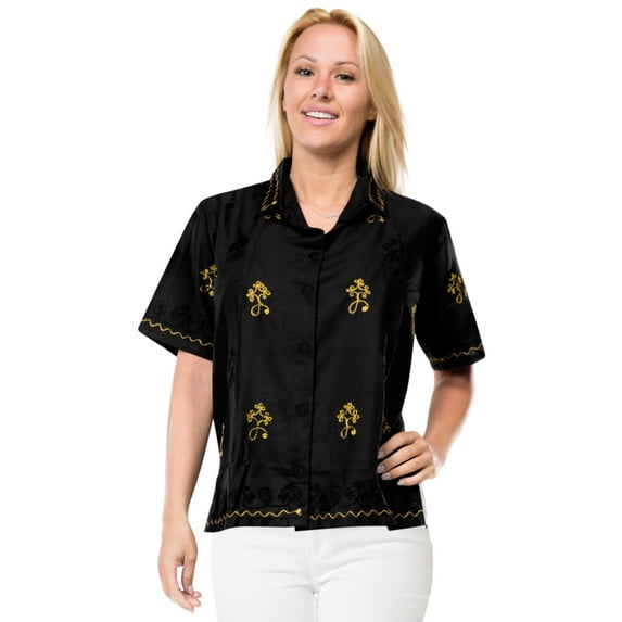 HAPPY BAY Women's Casual Blouse Shirt Solid Blouses Short Sleeve Button Down Dress Tops Tee Shirts Hawaiian T Shirt for Women S plus-size Black_X383