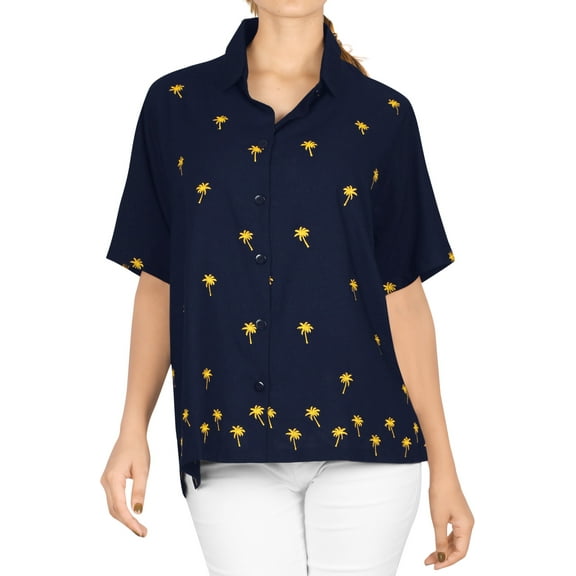 HAPPY BAY Women's Casual Blouse Shirt Solid Blouses Short Sleeve Button Up Dress Tops Tee Hawaiian Shirts for Women M plus-size Tiny Palm, Navy Blue