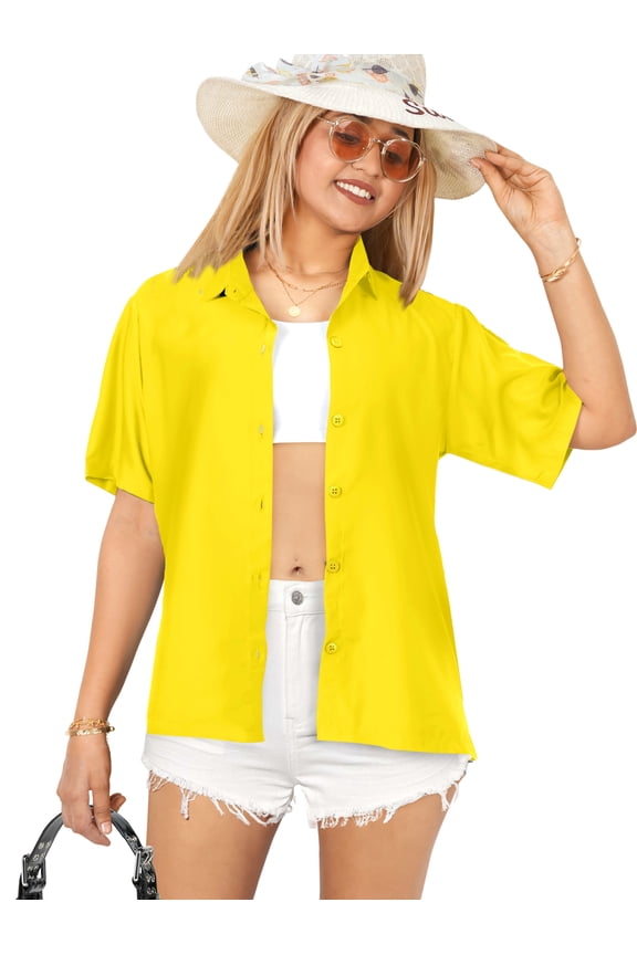 Women's Casual Blouses Shirt Blouse Short Sleeve Button Down Dress Tops Tee Shirts Hawaiian Dresses for Women S Solid, Autumn Yellow