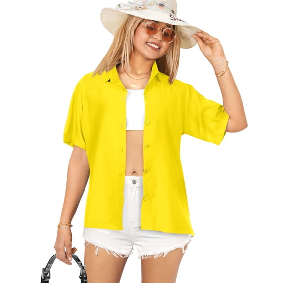 HAPPY BAY Women's Casual Blouses Shirt Blouse Short Sleeve Button Down Dress Tops Tee Shirts Hawaiian Dresses for Women XL Solid, Autumn Yellow