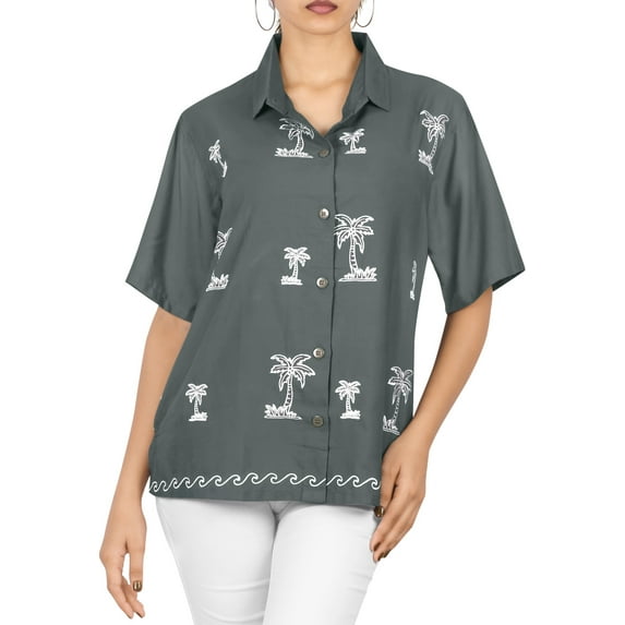 HAPPY BAY Women's Casual Blouses Shirt Solid Blouse Short Sleeve Button Up Dress Tops Tee Shirts Hawaiian T Shirt for Women L plus-size Space, Palm Tree
